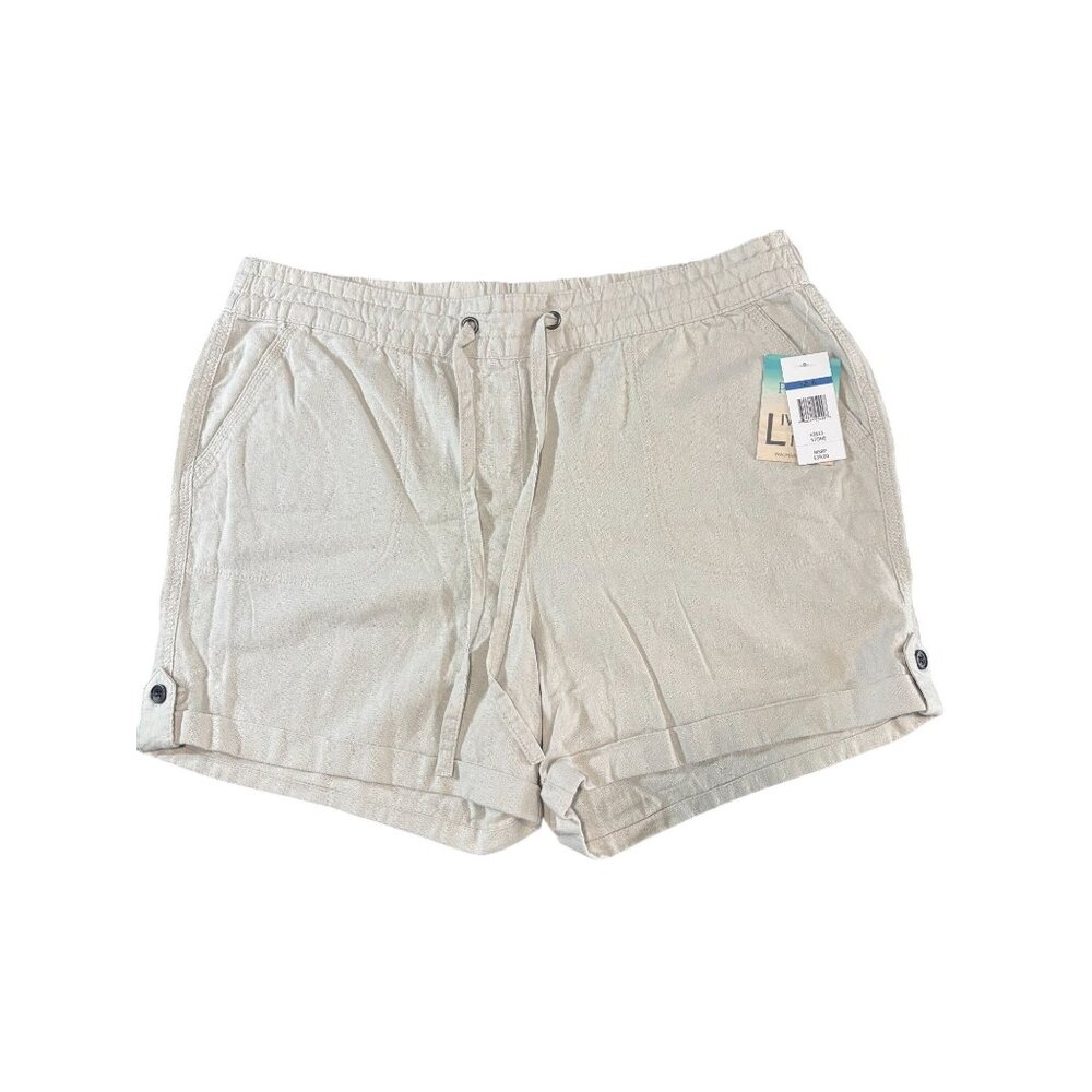 Womens Per Se Elastic Waist Drawstring Linen Blend Shorts XL Beige